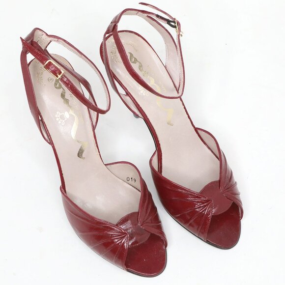 Vintage Nina Burgundy Leather Ankle Strap Peep-Toe Pumps Heels Retro 90s Classic - Picture 11 of 12